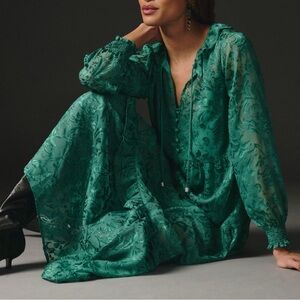 NWT Anthropologie Marais Maxi Dress: Satin-Burnout Emerald Green XS